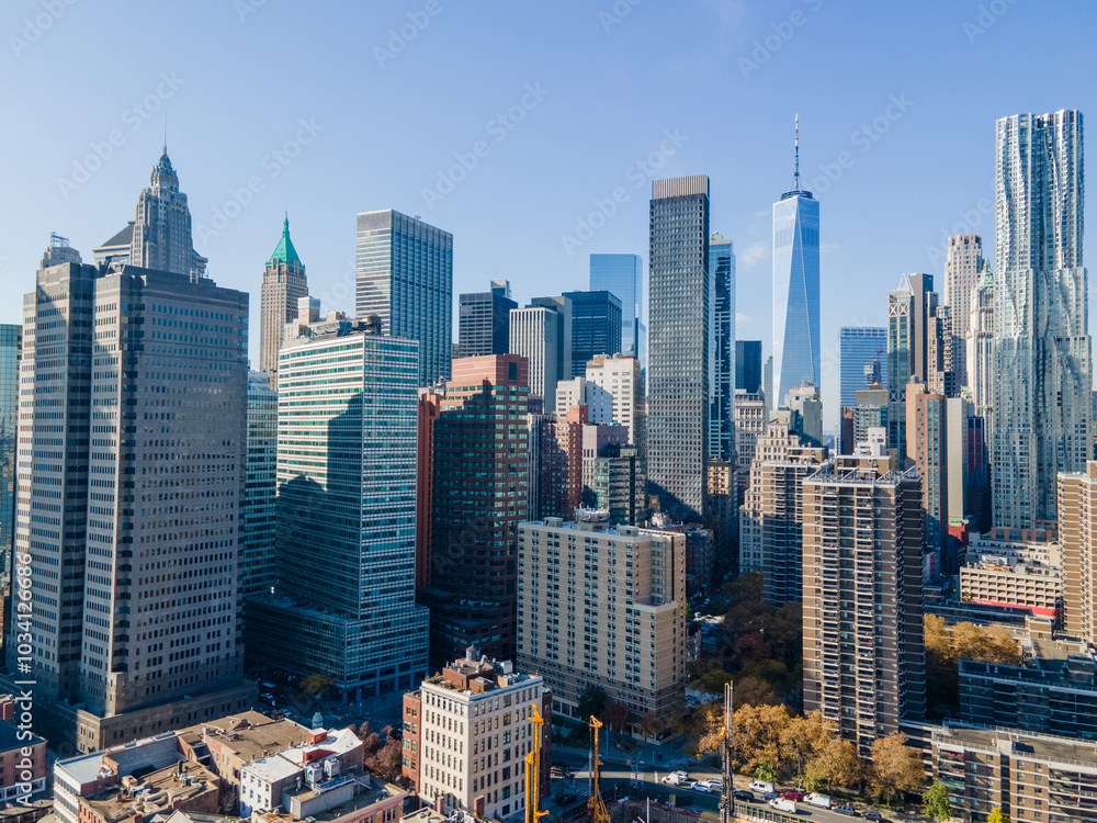 Naklejka premium Aerial landscape Financial District southern Manhattan skyline during Fall in New York City NY
