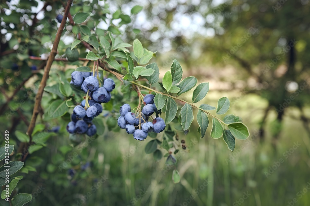 Ripe blueberries growing on a bush with green leaves in the background Ripe blueberries growing on a bush with green leaves in the background