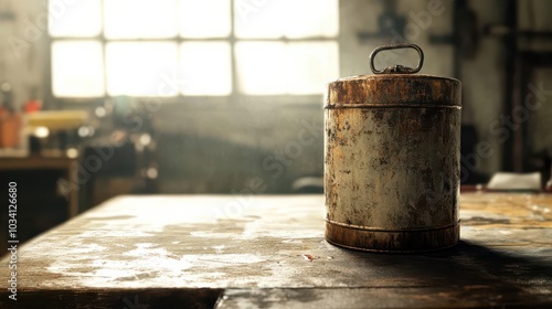 Rustic old metal oil can on a wooden table on a sunny day