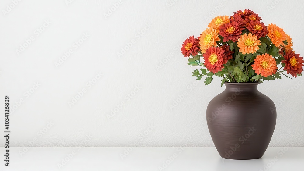 Vibrant flowers in a brown vase on a white background. Vibrant flowers in a brown vase on a white background.