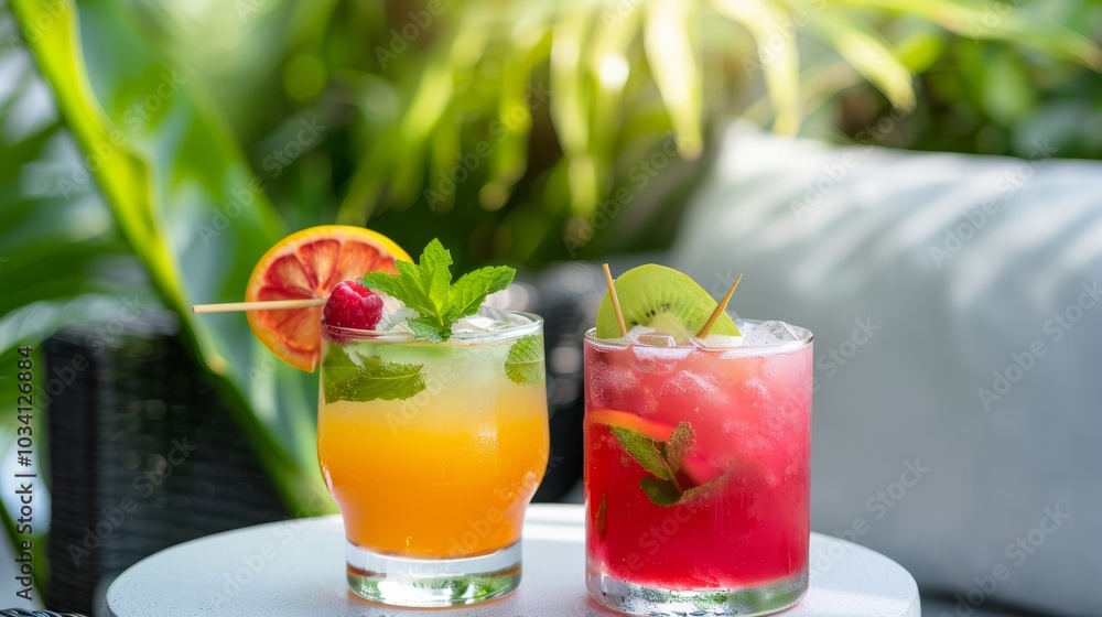 Refreshing summer cocktails with vibrant colors at a tropical outdoor setting on a sunny day Refreshing summer cocktails with vibrant colors at a tropical outdoor setting on a sunny day