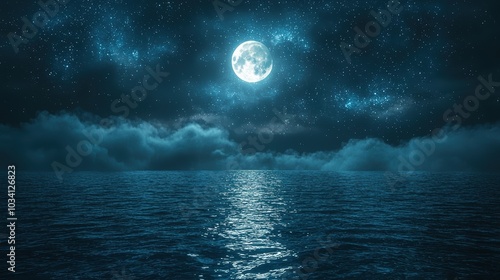 Night sky, moon, stars, clouds, ocean.