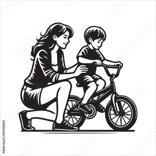 Mother teaching son to ride bicycle vector illustration silhouette