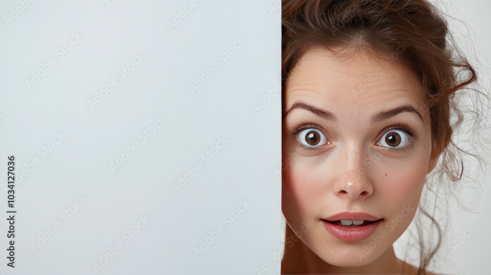 Surprised woman peeking around a blank wall with a shocked expression Surprised woman peeking around a blank wall with a shocked expression