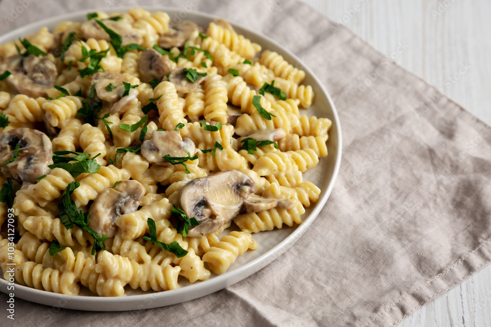 Homemade Mushroom Stroganoff on a Plate, side view. Copy space. Homemade Mushroom Stroganoff on a Plate, side view. Copy space.