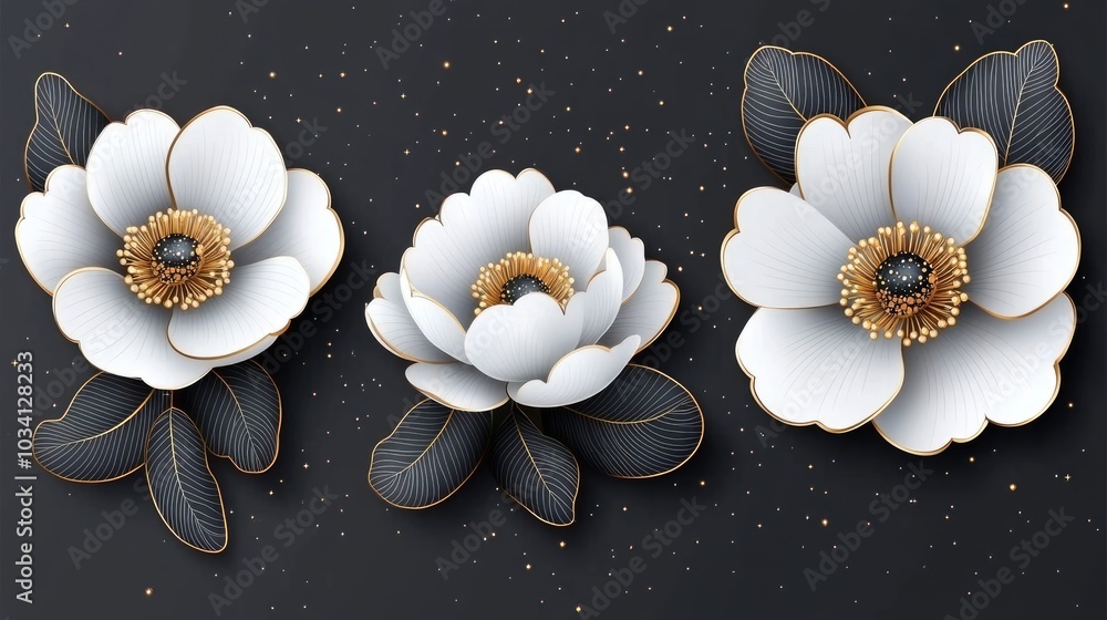 Obraz premium A vibrant depiction showcases three intricately detailed white peonies adorned with golden stamens and leaves, set against a dark, starry backdrop