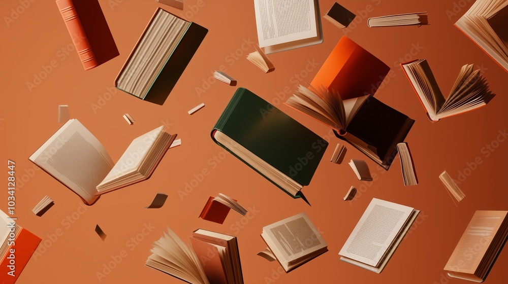 Floating books in mid-air against a warm orange background create a whimsical and imaginative literary atmosphere Floating books in mid-air against a warm orange background create a whimsical and imaginative literary atmosphere