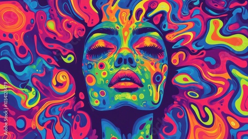 Wallpaper Mural A colorful, abstract portrait of a woman with her eyes closed, surrounded by swirling, vibrant shapes. Torontodigital.ca