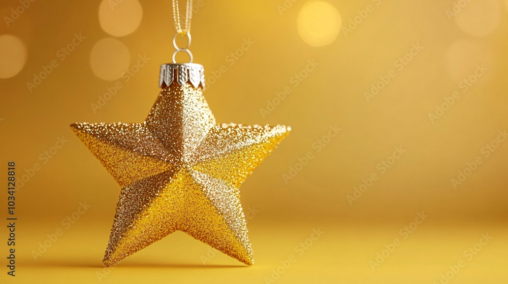 A shiny golden star ornament hanging against a soft, blurred yellow background, evoking a festive atmosphere. A shiny golden star ornament hanging against a soft, blurred yellow background, evoking a festive atmosphere.