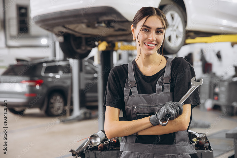 Smiling young woman mechanic standing beneath lifted car, holding tools and looking at camera in car service garage Smiling young woman mechanic standing beneath lifted car, holding tools and looking at camera in car service garage