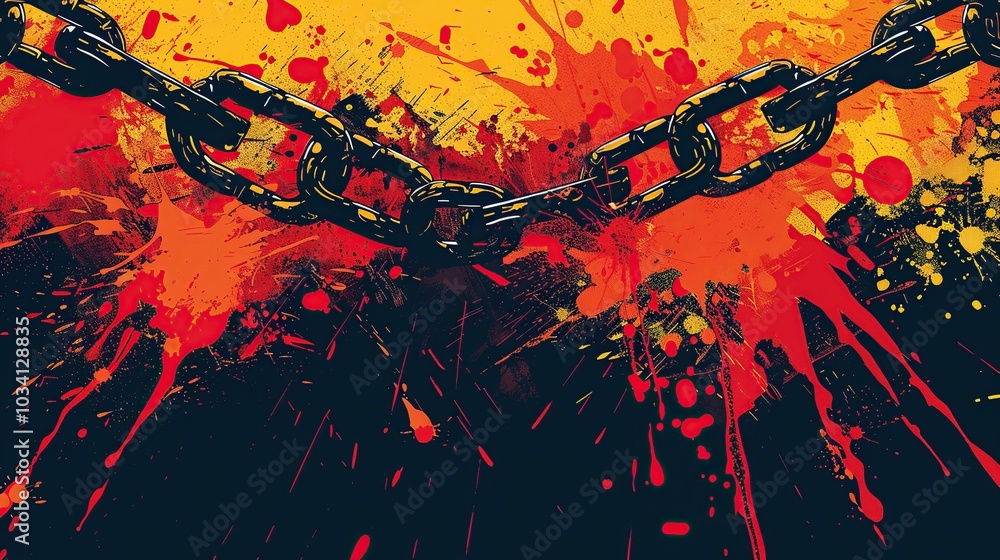 A black metal chain stretches across a splattered abstract background. The splatters are red and orange and the background is dark. A black metal chain stretches across a splattered abstract background. The splatters are red and orange and the background is dark.