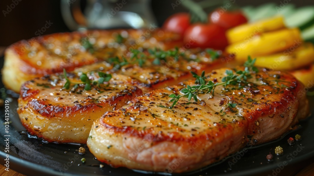 Grilled pork chops with herbs and vegetables on a black plate in a rustic setting Grilled pork chops with herbs and vegetables on a black plate in a rustic setting