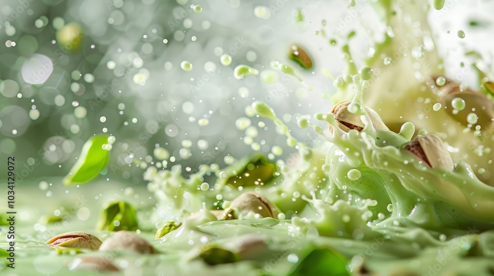 Vibrant green pistachio dessert being splashed with milk and crushed nuts in a dynamic kitchen setting Vibrant green pistachio dessert being splashed with milk and crushed nuts in a dynamic kitchen setting