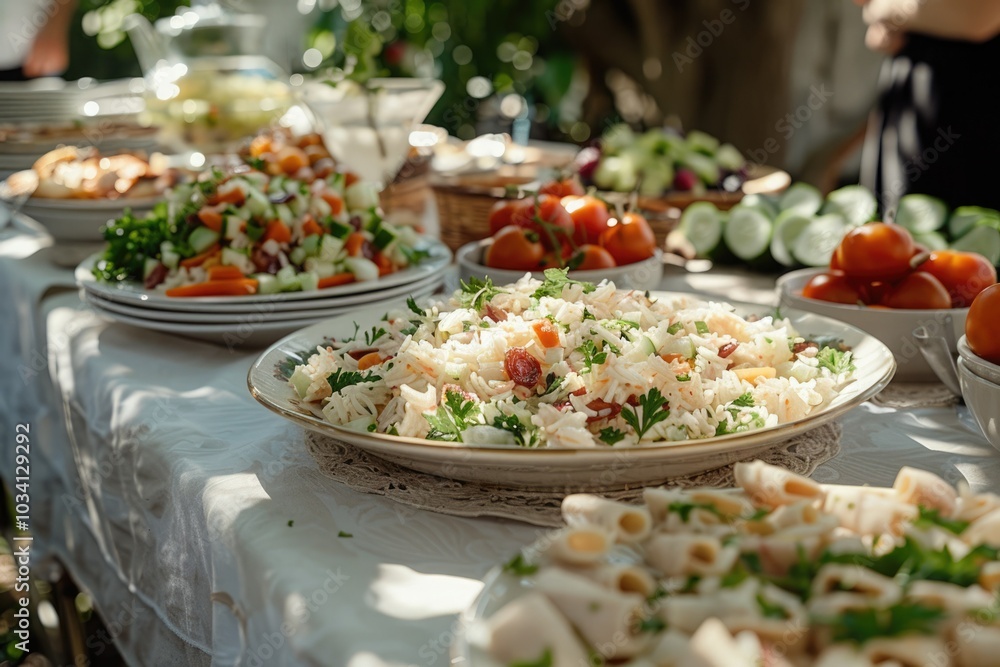 Delicious outdoor buffet featuring a variety of fresh salads and pasta dishes at a summer gathering Delicious outdoor buffet featuring a variety of fresh salads and pasta dishes at a summer gathering