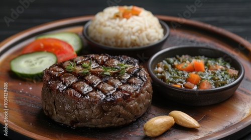 Delicious grilled steak served with rice, seasoned vegetables, and fresh salad on a wooden platter