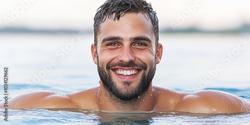 Happy Man Swimming in Pool Portrait Summer Vacation Relaxation