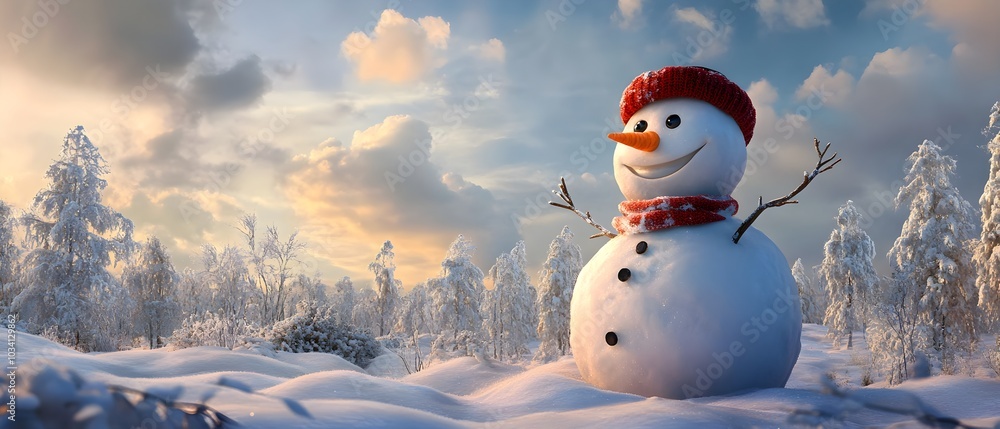 Obraz premium Cheerful Snowman in Winter Wonderland Scenery