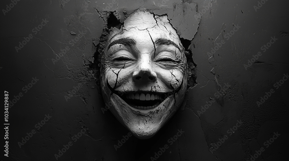 Obraz premium Wydobywający się z ust śmiech, pozbawiony prawdziwej radości, maskuje głęboki ból wewnętrzny.