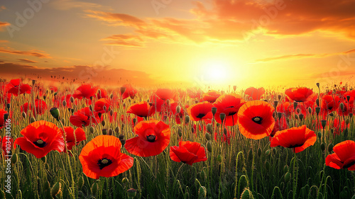 Fototapeta Naklejka Na Ścianę i Meble -  Copy space, field of red poppies at sunset rememberance day. Background for rememberance day, armistice day. Respect for victims, soldiers. Concept of peace, pride, respect.