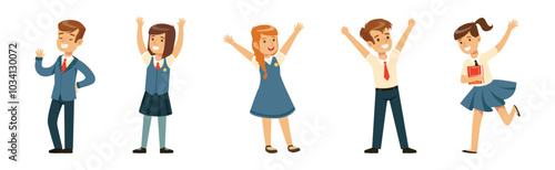 Cute Boy and Girl Character in School Uniform Vector Set