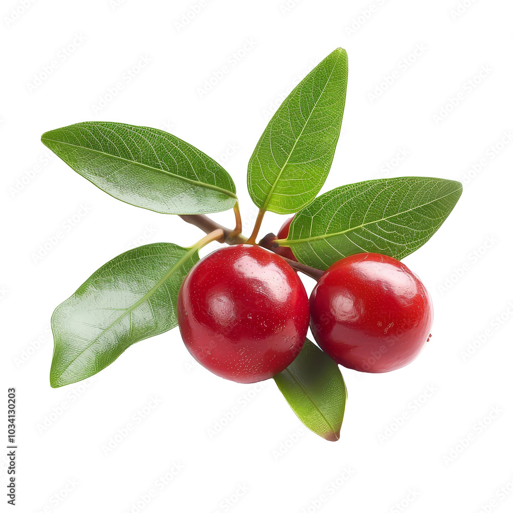 Fresh red berries on a branch with green leaves, showcasing vibrant color and natural beauty in a studio setting Fresh red berries on a branch with green leaves, showcasing vibrant color and natural beauty in a studio setting