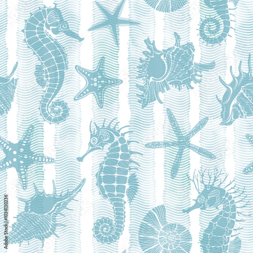  Seamless background with  seahorses, shells, nautilus,  starfish on blue watercolor waves stripes. Abstract marine background. Vector. Perfect for design templates, wallpaper, wrapping, fabric, print