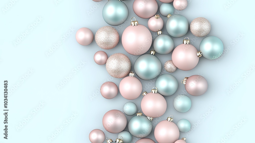 This close-up view features a stylish pattern of pastel pink and mint Christmas ornaments scattered across a light blue background, perfect for New Year celebrations SEAMLESS PATTERN This close-up view features a stylish pattern of pastel pink and mint Christmas ornaments scattered across a light blue background, perfect for New Year celebrations SEAMLESS PATTERN