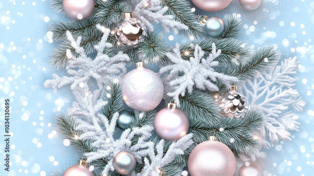 Fototapeta premium This close-up view features a stylish pattern of pastel pink and mint Christmas ornaments scattered across a light blue background, perfect for New Year celebrations SEAMLESS PATTERN