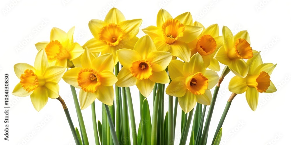 A bouquet of bright yellow daffodils with delicate orange centers, their petals unfurling in a joyful celebration of spring A bouquet of bright yellow daffodils with delicate orange centers, their petals unfurling in a joyful celebration of spring