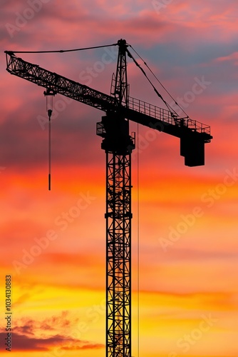 Silhouette of Crane Against Colorful Sunset Sky