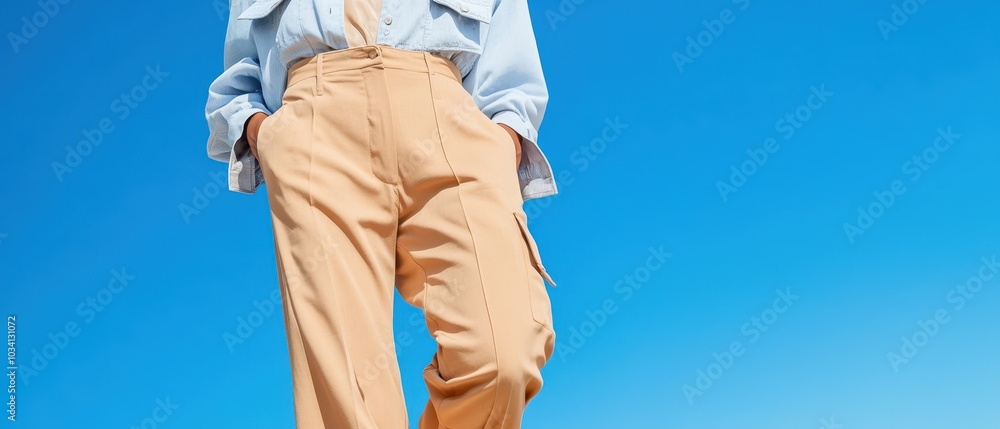A stylish individual poses against a vivid blue sky, showcasing a modern outfit with light-colored pants and a denim jacket. A stylish individual poses against a vivid blue sky, showcasing a modern outfit with light-colored pants and a denim jacket.