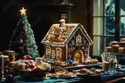 Decorated gingerbread house surrounded by festive treats, presents and Christmas tree. Cozy holiday atmosphere with warm lights