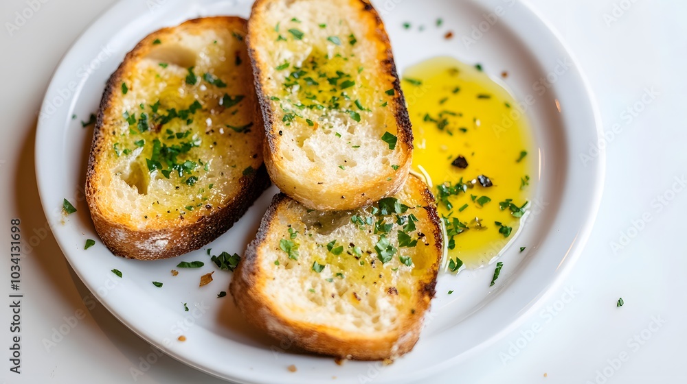 Garlic bread with olive oil on a white plate, against a table background. Garlic bread with olive oil on a white plate, against a table background.