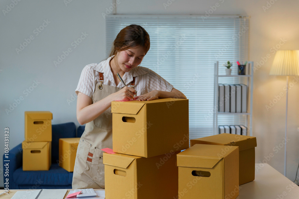 Young asian woman business owner working at home, standing and writing customer address on cardboard box, preparing goods for delivery Young asian woman business owner working at home, standing and writing customer address on cardboard box, preparing goods for delivery