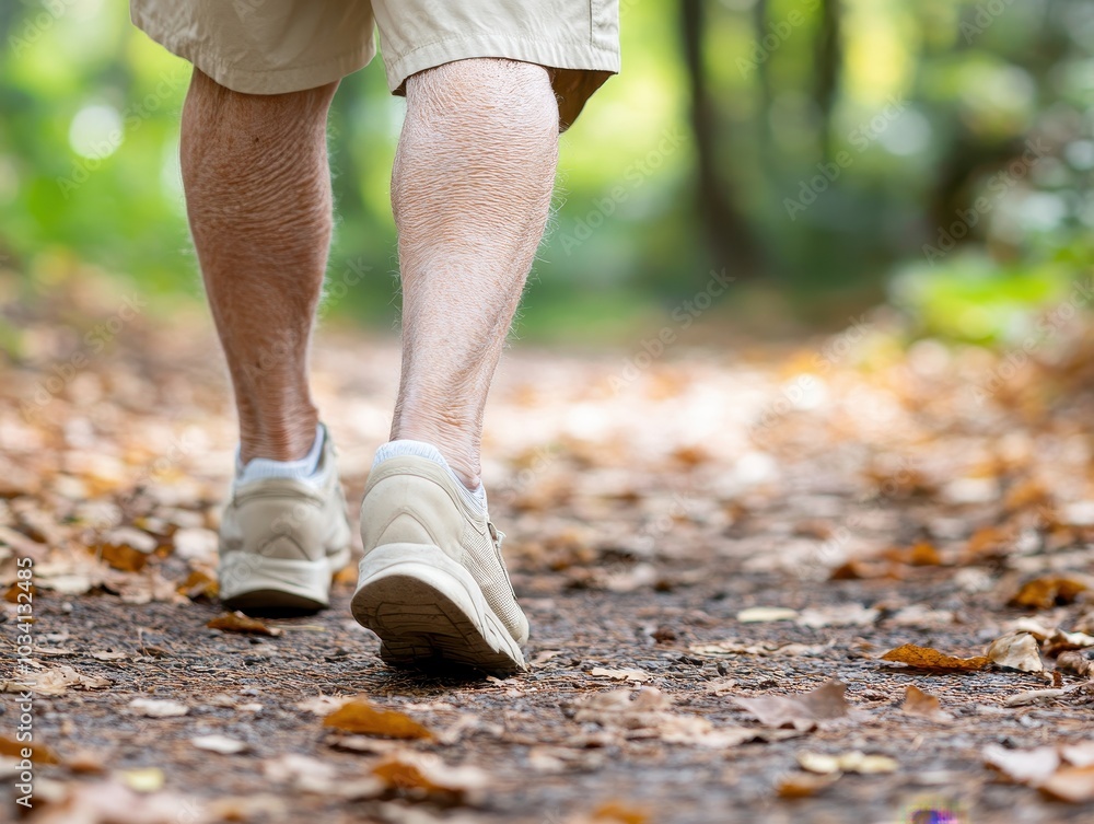 A person walks on a leaf-covered path, surrounded by greenery, wearing shorts and sneakers, enjoying a peaceful outdoor experience. A person walks on a leaf-covered path, surrounded by greenery, wearing shorts and sneakers, enjoying a peaceful outdoor experience.