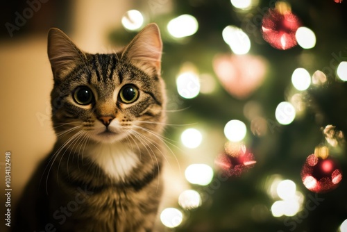 Curious cat by a lit Christmas tree