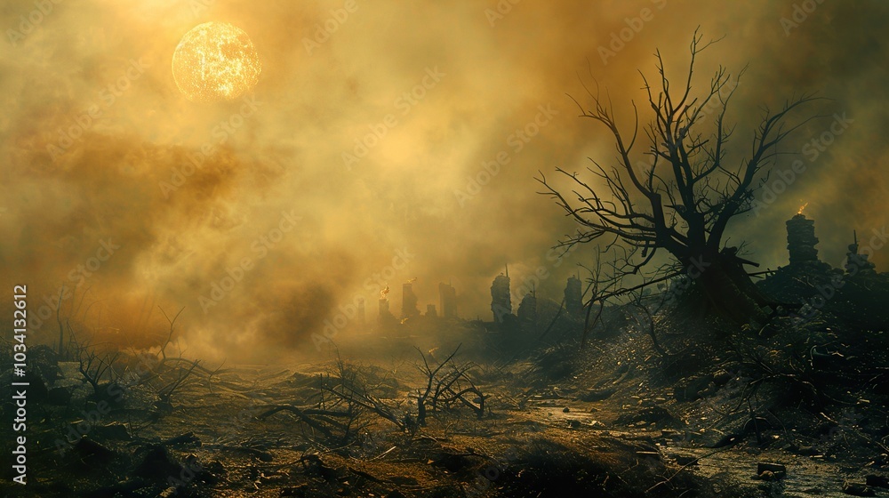 Desolate Landscape: Ruins and Smoke in a Post-Apocalyptic World Desolate Landscape: Ruins and Smoke in a Post-Apocalyptic World