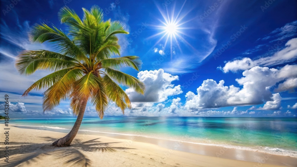 Fototapeta premium Palm Tree Silhouette on a Pristine Beach with Sparkling Turquoise Waters and Fluffy White Clouds Under a Vibrant Blue Sky