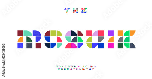 Mosaik modular alphabet, geometric colorful blocks letters, artistic font for creative logo, dynamic headline design, playful modern typography. Vector typeset.