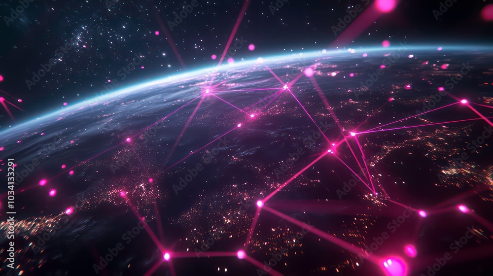 Obraz premium A digital network of pink lines and dots connecting cities and continents across the globe, seen from outer space.
