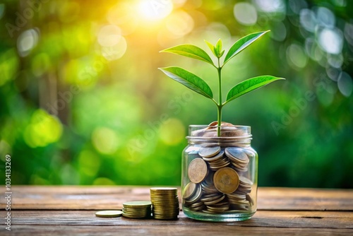 Plant Growing from Coins in Jar with Green Background - Symbol of Growth and Prosperity