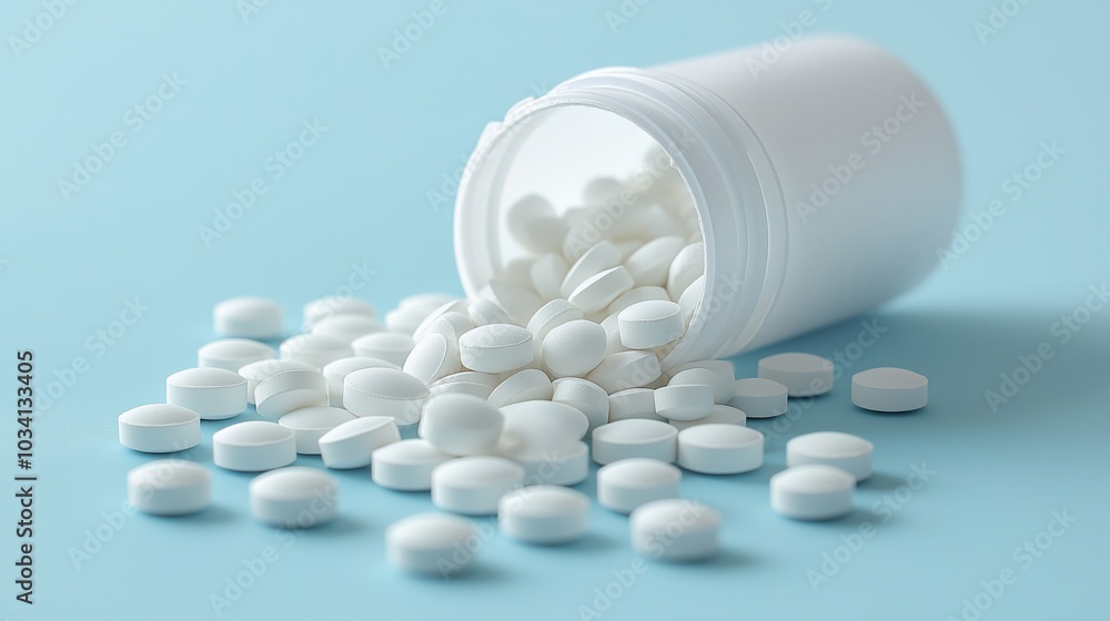 Close-up of spilled white tablets from a bottle on a light blue background, emphasizing the importance of medication safety and handling Close-up of spilled white tablets from a bottle on a light blue background, emphasizing the importance of medication safety and handling