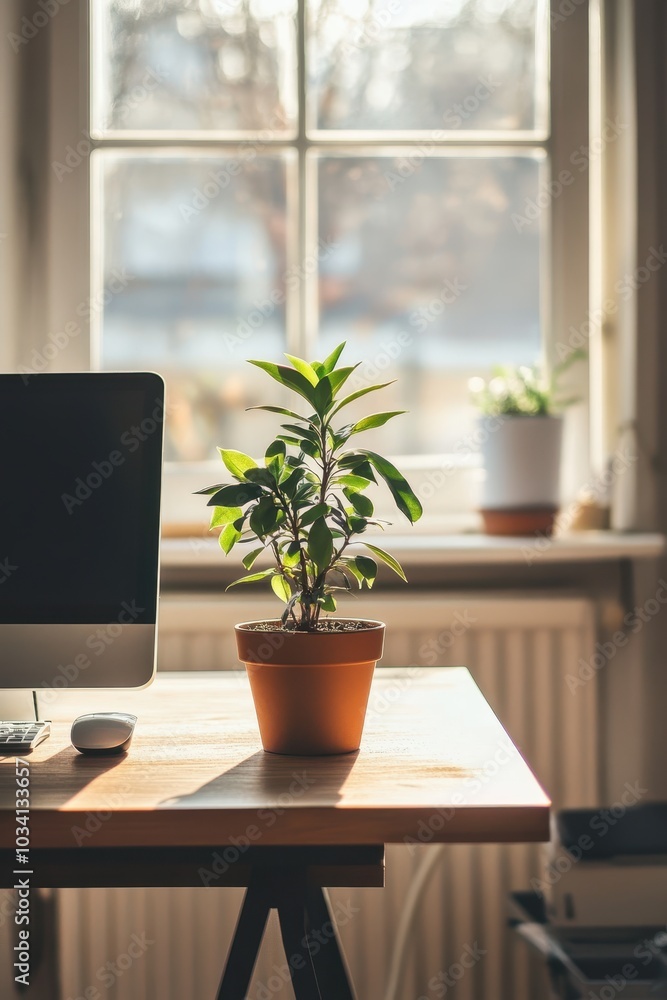 Minimal Home Office with Potted Plant in Sunlight Minimal Home Office with Potted Plant in Sunlight