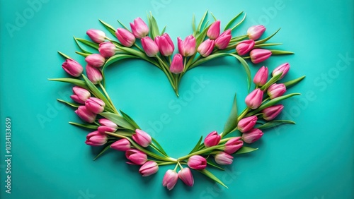 A heart shape formed by pink tulips on a turquoise background, a symbol of love and spring