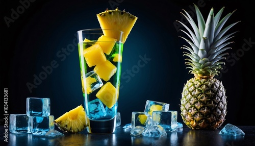 Pineapple Cocktail with Blue Curacao and Ice