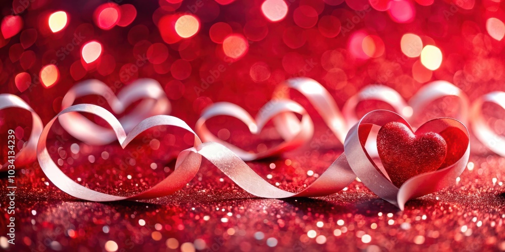A Delicate Silver Ribbon Forms Heart Shapes Around A Red Glittery Heart On A Sparkly Red Background A Delicate Silver Ribbon Forms Heart Shapes Around A Red Glittery Heart On A Sparkly Red Background