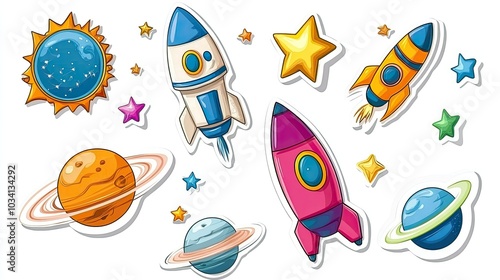 A colorful vector set of cartoon space stickers with rockets, planets, and stars on a white background