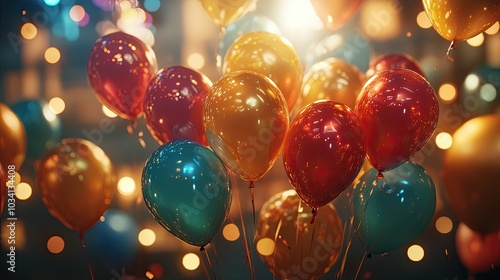 A cluster of multicolored balloons surrounded by shimmering lights, enhancing the celebratory mood