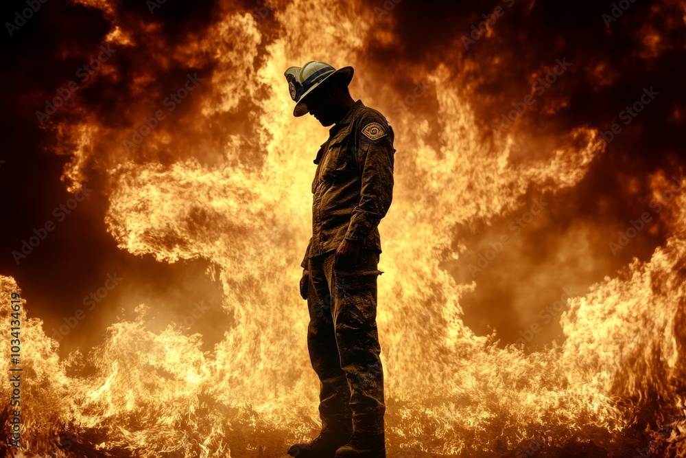 Naklejka premium Brave Firefighter Amidst Raging Wildfire, Windblown Embers Dancing, Urgent Fire Risk Warning, Highlighting Emergency Response and Fire Weather Dangers