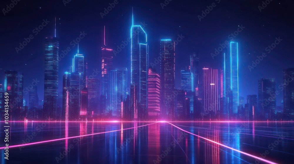 A futuristic city skyline with glowing neon lights and a reflective road in the foreground. A futuristic city skyline with glowing neon lights and a reflective road in the foreground.